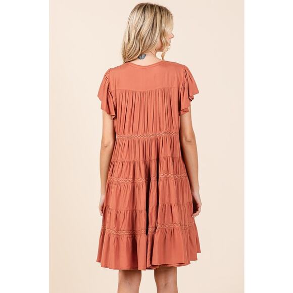 Mittoshop Lace Detail Ruffled Sleeves Button Down Tiered Mini Dress | Pumpkin - Picture 3 of 7